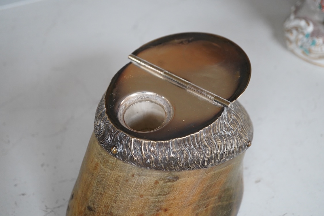 A Victorian electroplate mounted memorial horse hoof inkwell, 11cm high and a white metal mounted riding crop